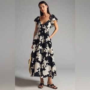Anthropologie The Silverlake Flutter-Sleeve Dress Floral Black White